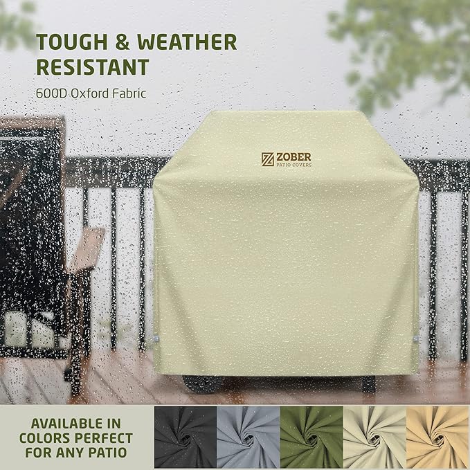 ZOBER Heavy Duty BBQ Grill Cover - 58 Inch Waterproof Double Layered Fits Weber Gas Grill Cover Charbroil Grill & Smoker - Gas Grill Covers w/Air Vents, Dual Handles - 600D Oxford Fabric, Cream