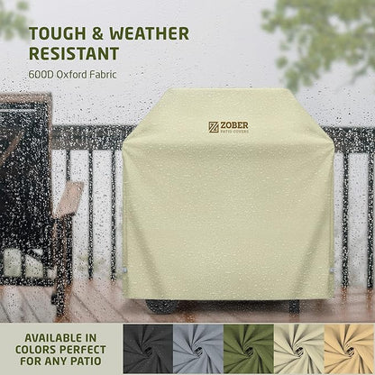 ZOBER Heavy Duty BBQ Grill Cover - 58 Inch Waterproof Double Layered Fits Weber Gas Grill Cover Charbroil Grill & Smoker - Gas Grill Covers w/Air Vents, Dual Handles - 600D Oxford Fabric, Cream