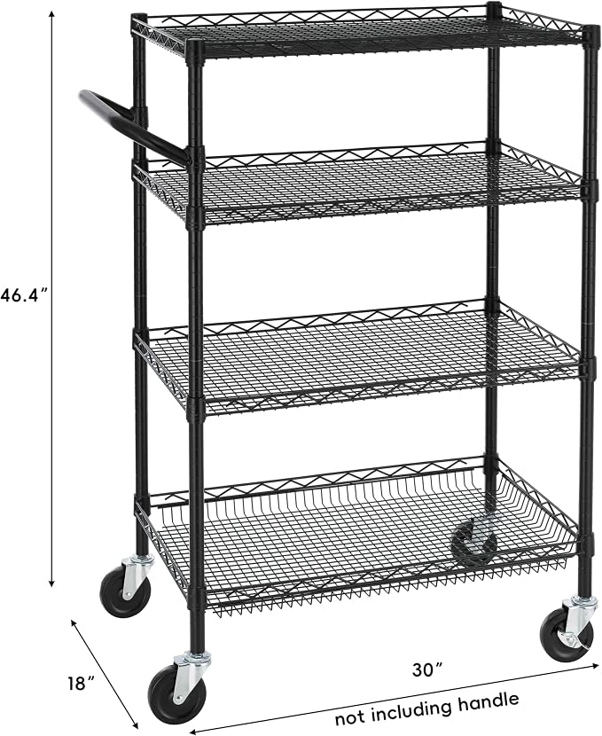 Finnhomy 4 Tier Heavy Duty Commercial Grade Rolling Cart with Handle Bar, Metal Wire Utility Cart with Wheels, Shelf Size 18" D x 30" W, NSF Listed, Black