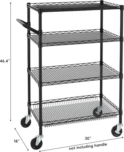 Finnhomy 4 Tier Heavy Duty Commercial Grade Rolling Cart with Handle Bar, Metal Wire Utility Cart with Wheels, Shelf Size 18" D x 30" W, NSF Listed, Black