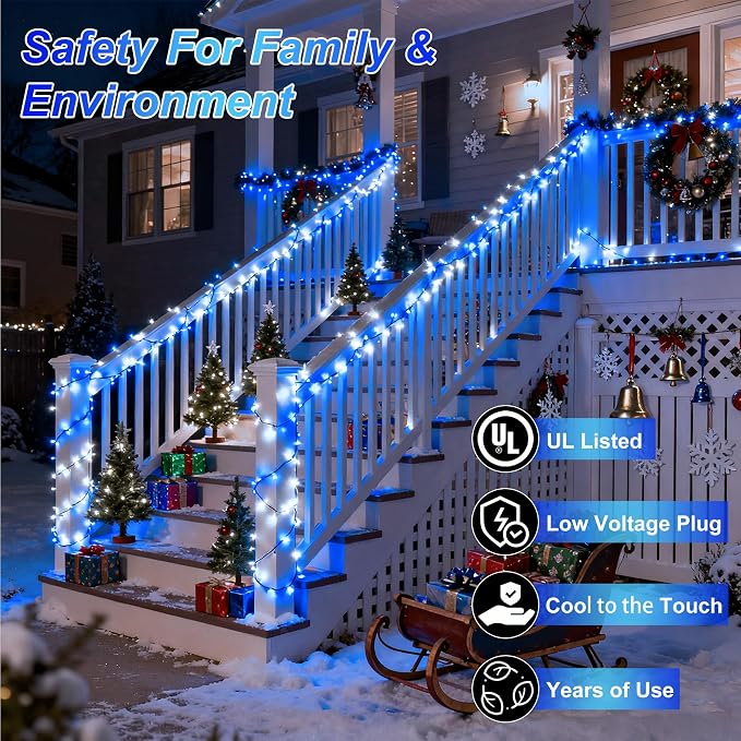 1500 LED 470FT Christmas String Lights Outdoor, 12 Pro Modes and Timer Memory & Brightness, Plug in Waterproof Dark Green Wire Twinkle Light for for Xmas Yard Tree Wedding Party Decor (Blue & White)