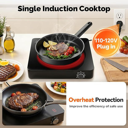 Portable Single Burner Electric Cooktop, 1200W 110-120V Countertop Hot Plate with Knob Control & 6 Power Levels, Black Crystal Glass Surface, Compatible with All Cookware, for Home Camping