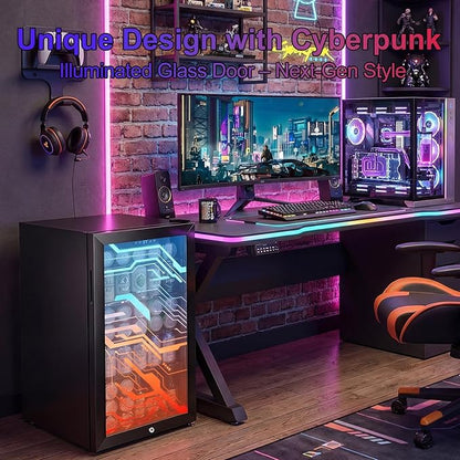 17" Beverage Refrigerator with LED Light Up Door – 128 Can Freestanding Drink Fridge, Small Beer Cooler with 4 Removable Shelves, Child Safety Lockfor Gaming Room Home Bar Party,Cyberpunk