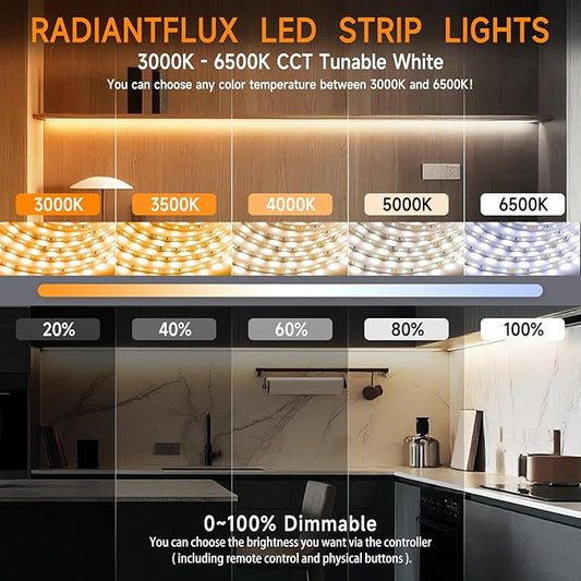 RadiantFlux 32.8ft LED Strip Light with Remote, 3000K-6000K Dimmable Bright Warm White Led Lights Strip, Flexible DC24V Led Tape Light for Bedroom, Kitchen, DIY Lighting