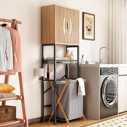 Kalrin Over The Toilet Storage Cabinet with Fluted Wave Doors and Adjustable Shelf, Wood Over Toilet Storage Rack with Drain Basket, Freestanding Bathroom Organizer for Balcony Laundry, Wood & Black