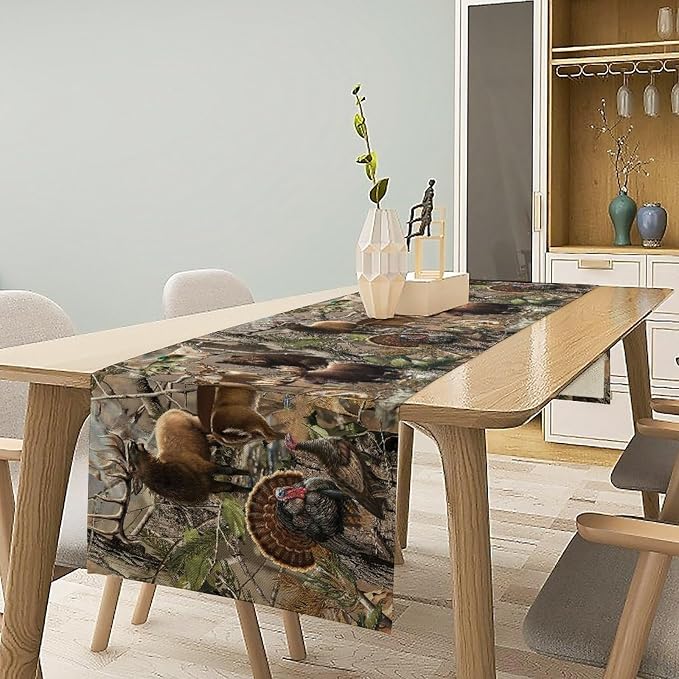 Forest Camouflage Table Runner Dresser Scarves, Camo Rustic Deer Elk Bird Bear Linen Table for Party Kitchen Dining Banquet 13x60in