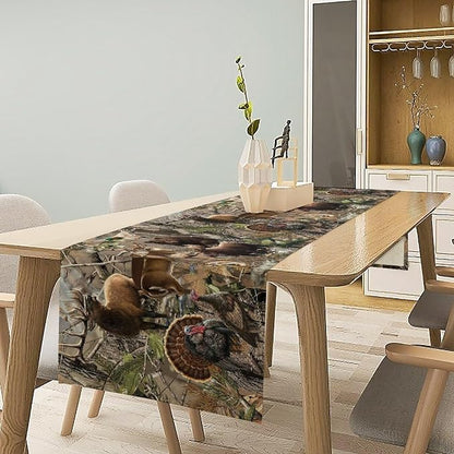 Forest Camouflage Table Runner Dresser Scarves, Camo Rustic Deer Elk Bird Bear Linen Table for Party Kitchen Dining Banquet 13x70in