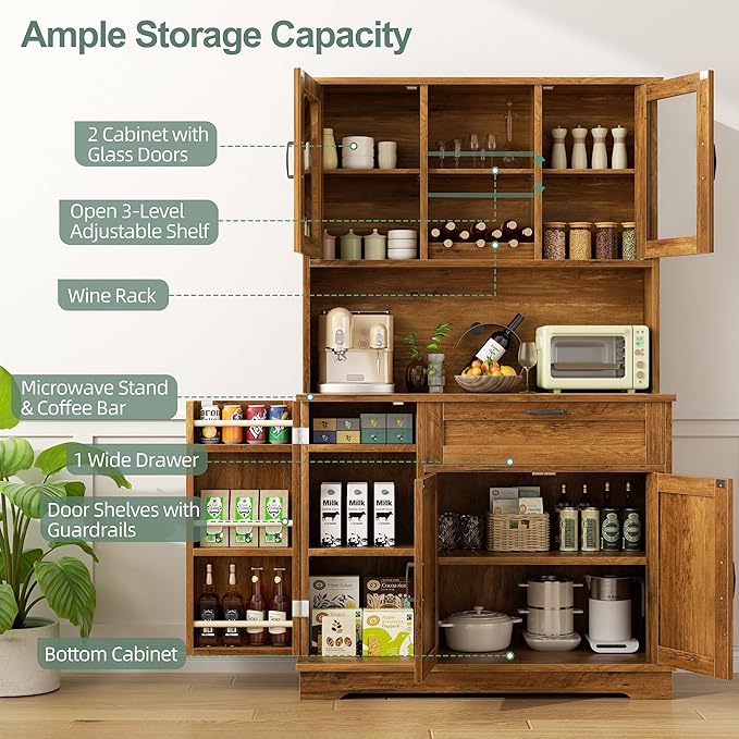 Shintenchi Kitchen Pantry Storage Cabinet, Freestanding Buffet Cabinet with Microwave Stand & 3 Door Shelves, Kitchen Hutch with Doors, Adjustable Shelves and Wine Rack, Brown