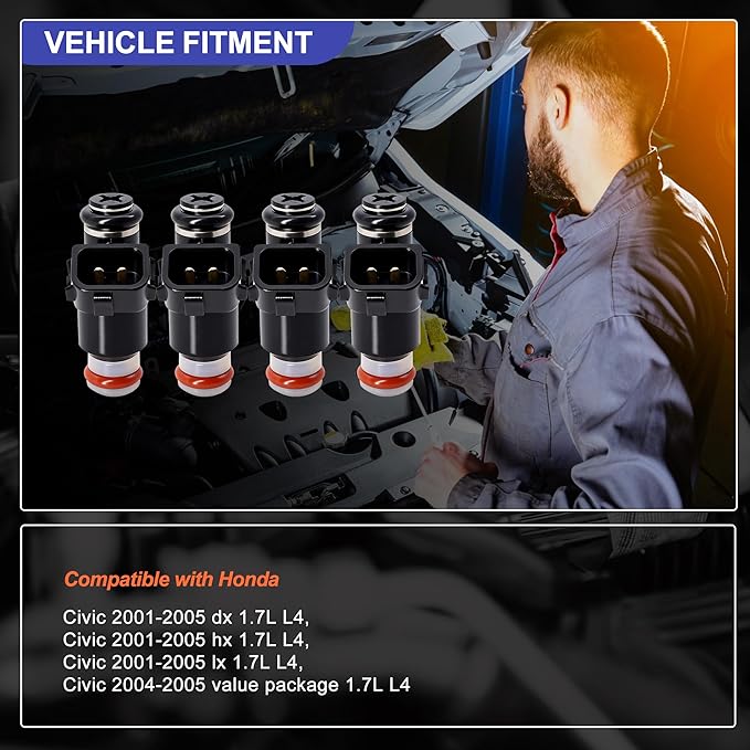 HiSport 16450-PLC-003 Fuel Injectors 4PCS Compatible with Honda Civic 1.7L 2001-2005 Dx Hx Lx,2004-2005 Value Package L4 Replaces 16450PLC003, 16450PLD004, FJ338