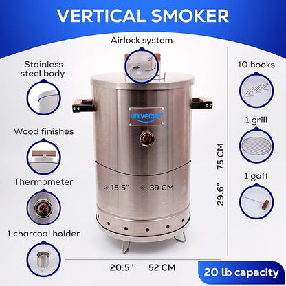 Universal 20-pound Stainless Steel (25-servings) Charcoal Barrel Smoker with Thermometer & Airlock system - 20.5"x 29.6" x ⌀15.5", 2 in 1 Vertical Grill and Smoker, Slow Cooking Barrel