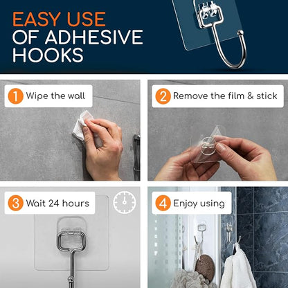 Adhesive Wall Hooks for Hanging, Heavy Duty No Drill, 22 lbs, 18 Pack | GLUIT Adhesive Wall Hooks for Hanging, Transparent Waterproof Sticky Towel Hook for Bathroom Kitchen Home Outdoor