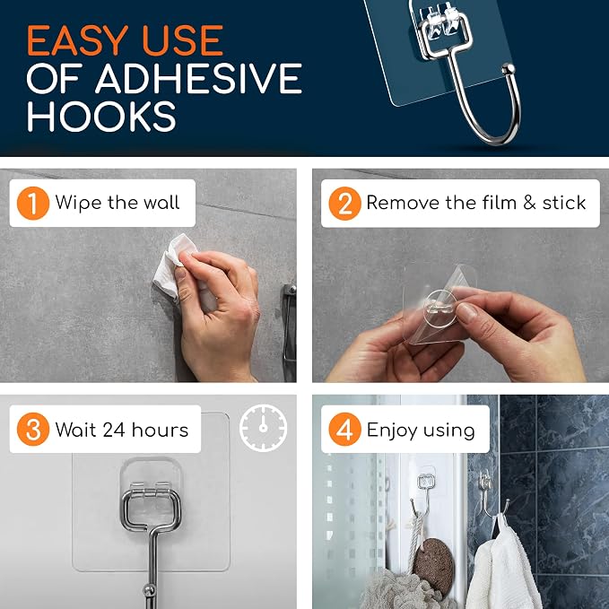 Adhesive Large Wall Hooks for Hanging Heavy Duty 22 lbs Hooks for Walls No Drill, Towel Sticky Clear Hooks, Waterproof, Home, Bathroom, Kitchen, Office, and Outdoor 40 Pack