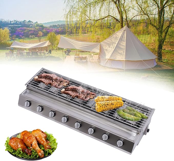 Commercial Barbecue Grill, 8 Burners BBQ LPG Tabletop Gas Grill w/Steel Shield Gas Grill Griddle Patio Garden Barbecue Grill with Adjustable Height for Party Backyard BBQ