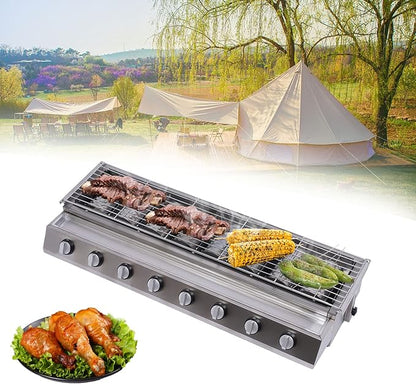Commercial Barbecue Grill, 8 Burners BBQ LPG Tabletop Gas Grill w/Steel Shield Gas Grill Griddle Patio Garden Barbecue Grill with Adjustable Height for Party Backyard BBQ