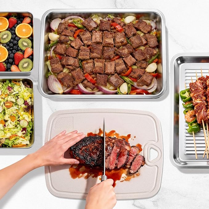 2-Set Drip EZ BBQ and Meal Prep Tub, Grill Carry System, Grill Prep Tray for Serving, Meat Platter with Cutting Board for Outdoor Grill, Marinating Container with Lid, Stainless Steel