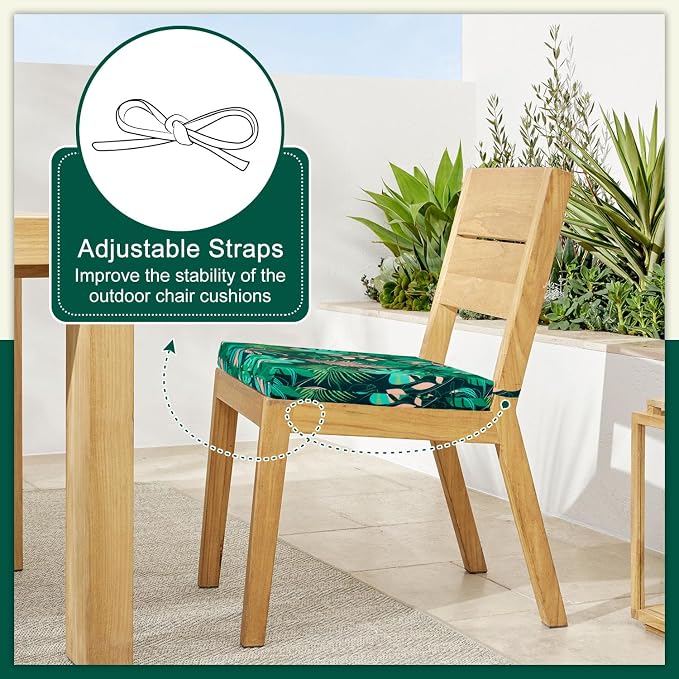 Cozyide Outdoor Chair Cushions, Waterproof Patio Seat Cushions with Adjustable Straps, Square Corner Patio Chair Cushions for Garden, Green Leaf, 18.5x16x3 Inch (Pack of 4)