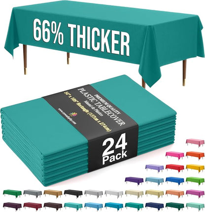 Exquisite 66% Thicker Premium Plastic Table Cloth Rectangle Table Cover 0.5 Mil 24 Pack Teal Table Cloth 54 Inch x 108 Inch Disposable Tablecloth Won't Tear Easily Like Cheap Thin Brands