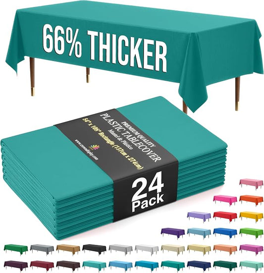 Exquisite 66% Thicker Premium Plastic Table Cloth Rectangle Table Cover 0.5 Mil 24 Pack Teal Table Cloth 54 Inch x 108 Inch Disposable Tablecloth Won't Tear Easily Like Cheap Thin Brands