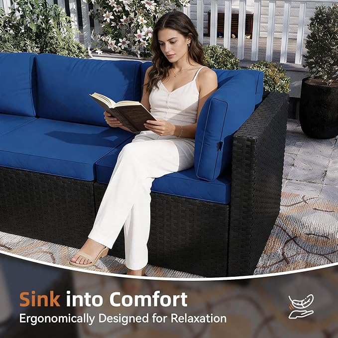 Aoxun Patio Furniture Set 5-Piece, Outdoor Sectional Sofas with Washable Cushion, Wicker Rattan Patio Conversation Sets for Backyard Porch and Poolside, Navy