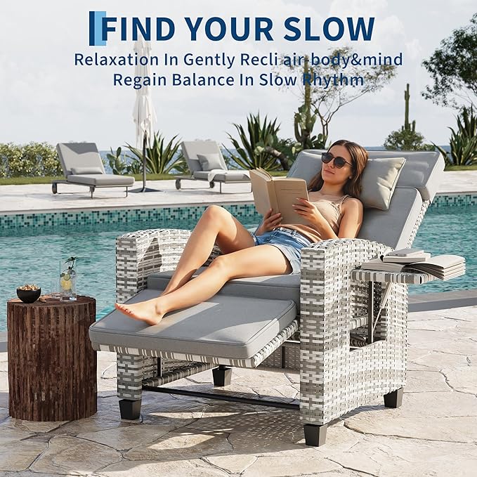 Garvee Outdoor Recliner Chair, Reclining Patio Chairs with 145° Adjustable Backrest & Footrest, Wicker Recliner Chairs with Flip Table and Removable Olefin Cushion for Poolside, Deck, Balcony, Gray