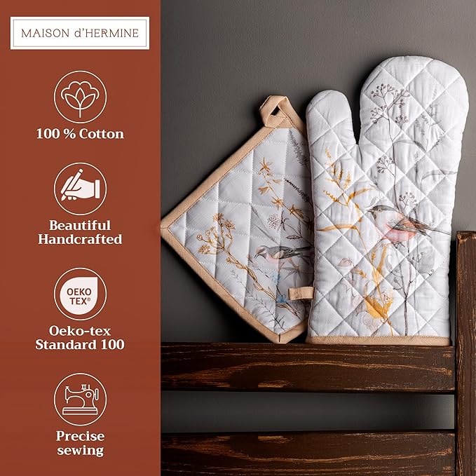 Maison d' Hermine 100% Cotton Oven Mitt & Pot Holder Set (7.5"x13" & 8"x8") Heat Resistant BBQ Cooking Gloves with Loop Baking Kitchen Hotel Home Farmhouse Spring Summer (Meadow Florals - Beige)
