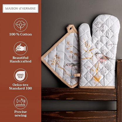 Maison d' Hermine 100% Cotton Oven Mitt & Pot Holder Set (7.5"x13" & 8"x8") Heat Resistant BBQ Cooking Gloves with Loop Baking Kitchen Hotel Home Farmhouse Spring Summer (Meadow Florals - Beige)