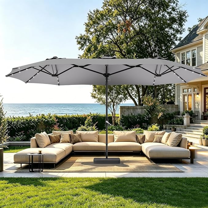 15ft Double-Sided Rectangle Patio Umbrella with 36 LED Solar Lights & Base | UV50+ Weather-Resistant Outdoor Umbrella,Crank Lift,Patio Shade for Pool,Garden,Backyard,Gray