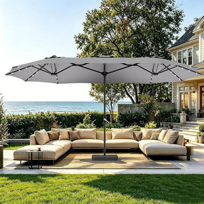 15ft Double-Sided Rectangle Patio Umbrella with 36 LED Solar Lights & Base | UV50+ Weather-Resistant Outdoor Umbrella,Crank Lift,Patio Shade for Pool,Garden,Backyard,Gray