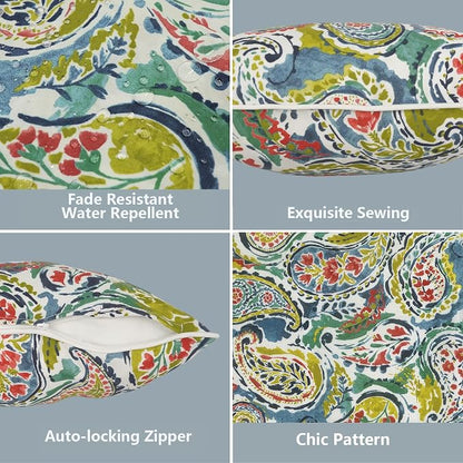 LVTXIII 2 Pack Outdoor Lumbar Pillow Covers 12x20 Inch with Piping, Water-Repellent Back Cushion Covers ONLY for Patio Furniture, Sofa, Garden Bench, Paradise Paisley
