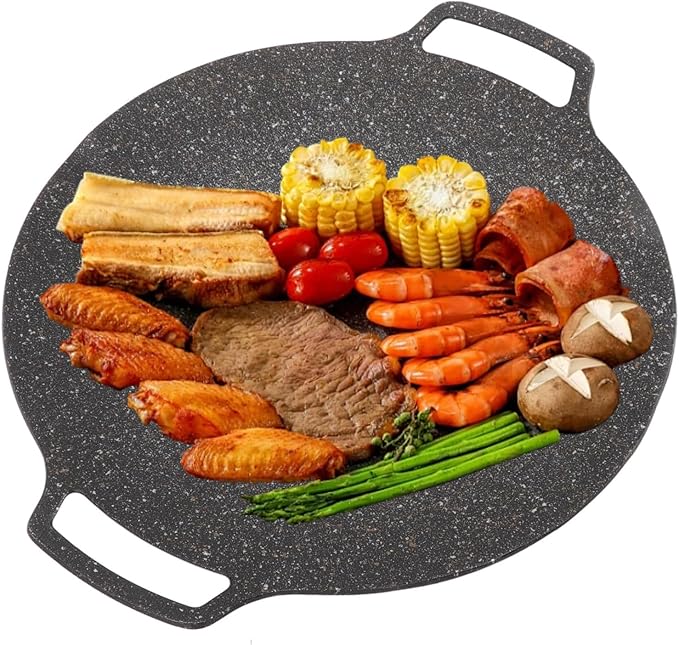 Korean Grill Pan,11.8inch Nonstick Round Griddle Grill Pan for Korean BBQ,Round BBQ Griddle with Handle,Multifunctional Stove Plate for Meats, Pancakes, Ribs
