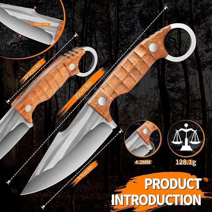 Plys Fixed Blade Hunting Knives Ergonomic Full Tang Camping Knife Rosewood Handle Multi-Tool Tactical Bushcraft Knife for Kitchen, Hiking, EDC Belt Carry, Lightweight Outdoor Survival Gear