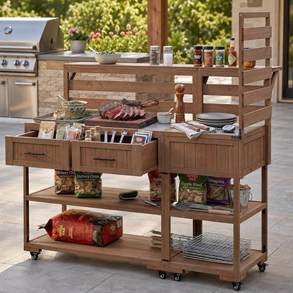 Outdoor Kitchen Cart with Stainless Steel Top, 62.3 Inch | Fir wood frame, stainless surface, raised shelf, fixed shelf, 2 lockable wheels, split-use design, BBQ prep, patio garden use