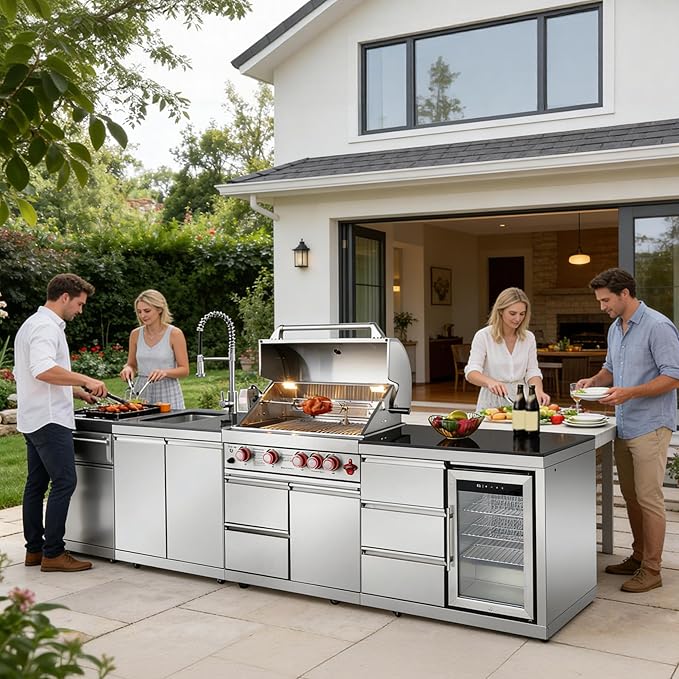 103" All-in-One Outdoor Kitchen Island,4 Burner Modular Kitchen with Grill Station Cabinetry,304 Stainless Granite, Sink, Fridge, BBQ Set for Patios & Backyards (Stainless, 103 IN)