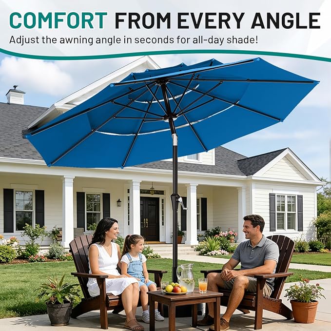 AreShark 9ft 3-Tier Patio Umbrellas, Outdoor Umbrella with 8 Sturdy Ribs UV Protection Windproof, Market Table Umbrella w/Push Button Tilt & Crank for Pool, Porch, Deck, Garden(Royal Blue)