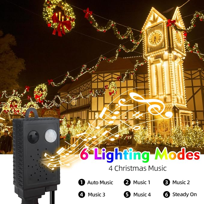 MZD8391 105FT 300LED Christmas Light, Christmas Tree Lights with Music | Warm White, Motion Sensor, Play 4 Christmas Songs, Waterproof, UL Listed, 6 Light Modes, End To End Connect, Outdoor Indoor