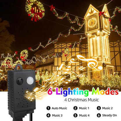 MZD8391 105FT 300LED Christmas Light, Christmas Tree Lights with Music | Warm White, Motion Sensor, Play 4 Christmas Songs, Waterproof, UL Listed, 6 Light Modes, End To End Connect, Outdoor Indoor