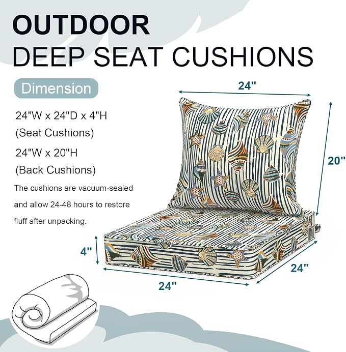 DYTXIII Outdoor Deep Seat Cushion Set, Water Repellent 24"x24" Patio Thick Cushions Replacement with Seat & Back Pillow for Patio Sofa, Wicker Chair, Couch - Crayon Shells