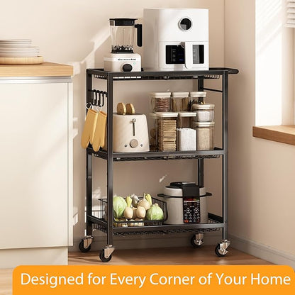 3-Tier Rolling Cart, Space-Saving Kitchen Cart with 150Lbs Capacity, Black Storage Cart with 2 Lockable Wheels for Kitchen Island, Restaurant, Garage, Backyard（No Wooden Boards, Lightweight Version）