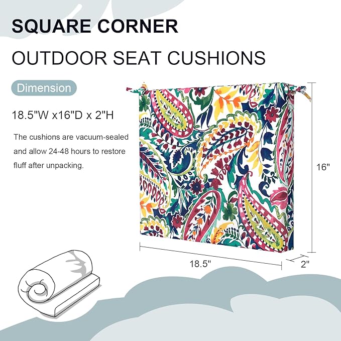 DYTXIII Set of 2 Outdoor Chair Cushions, Water Resistant 18.5"x16"x2" Square Seat Cushion for Patio Dining Chairs, High-Density Replacement Pads for Indoor Outdoor Furniture - Vigour Paisley
