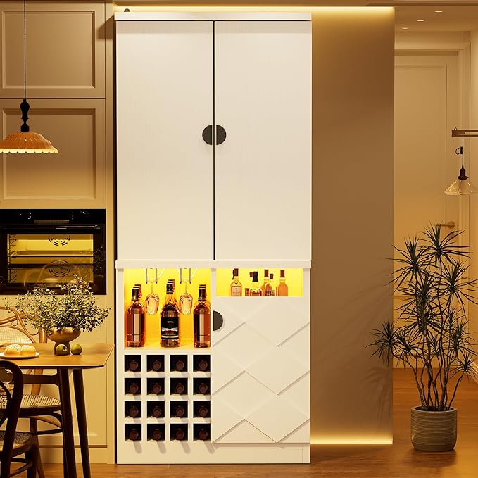 kepptory 72" Tall Kitchen Pantry Storage Cabinet, Freestanding Bar Cabinet with RGB LED Light, White Kitchen Buffet Sideboard with Doors for Dining Room Living Room