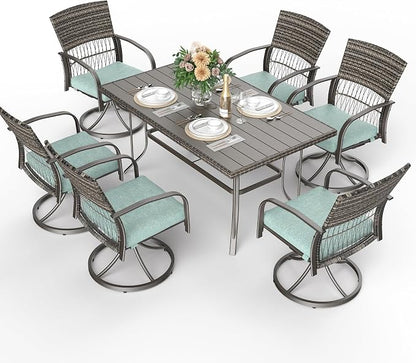 Pamapic 7-Piece Outdoor Dining Set with Swivel Rocker Chairs, Wicker Patio Furniture for 6, Poolside Garden Deck with Iron Table & Removable Cushions (Green)