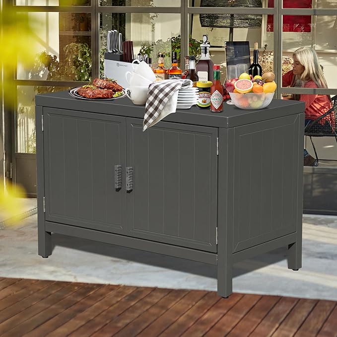 Domi Grill Carts Outdoor with Storage, Outdoor Kitchen Series with Whole Aluminum Finish & Countertop & Storage Space & Protective Cover, BBQ Grill Table for Deck Patio, Dark Gray