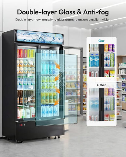 25 Cu.Ft Commercial Beverage Refrigerator, Double Glass Door | LED Lightbox, 8 Adjustable Shelves, 32-50°F Digital Control, R290 Air Cooling, ETL Certified, Commercial Use