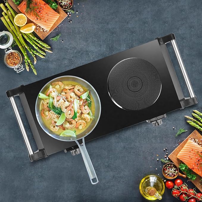 2000W Electric Dual Burner Portable Coil Heating Hot Plate Stove Countertop RV Hotplate with 5 Temperature Adjustments Porta-ble Handles