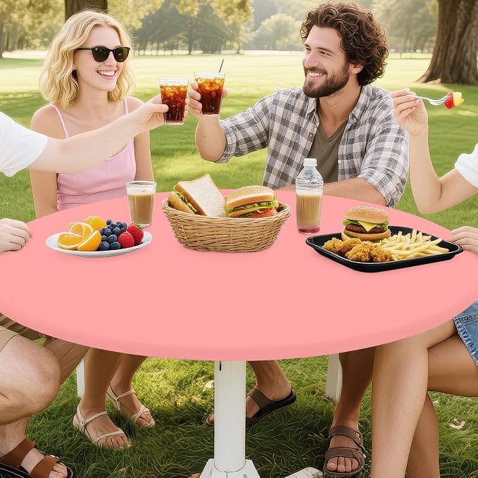 Smiry Round Spandex Tablecloth, Waterpoof Stretch Picnic Table Cover for 45"-56" Tables, Elastic Fitted Washable Tablecloths Dining, Indoor and Outdoor, Coral Red