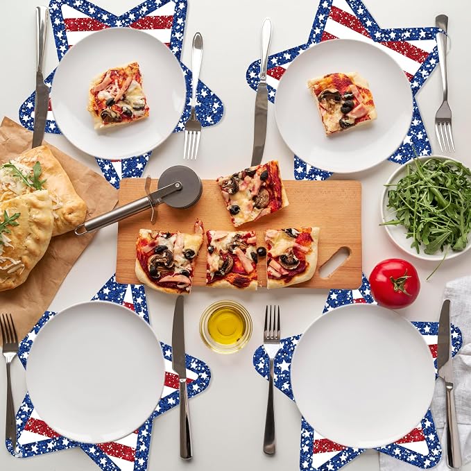 24 PCS Independence Day Star Shaped Placemats Set, 12" x 12" Patriotic American Flag Red White Blue Star Placemat Disposable Table Mats for 4th of July Party BBQ Picnic Dining Table Decoration