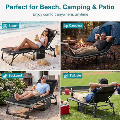 ABORON Heavy Duty Tanning Chair, 5-Gear Outdoor Folding Chaise Lounge Chair with Cushion,Portable Beach Lounge Chair for Outdoor Sunbathing Patio Pool Lawn Deck Poolside