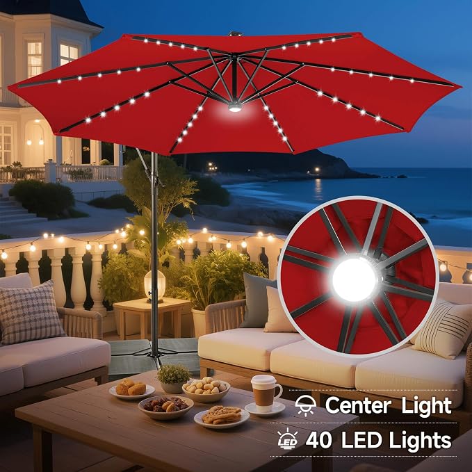 10 ft Solar Patio Umbrella Cantilever with Centre Light, Red | 40 LED Lights, UV Protection, Large Offset Patio Umbrella Outdoor for Garden, Deck, Backyard, Pool, Porch, Provides Shade