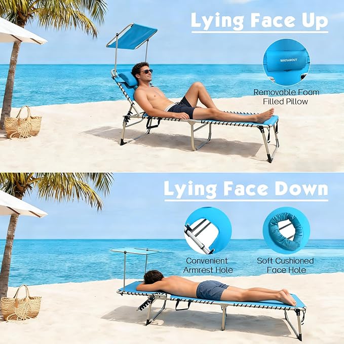 Outdoor Tanning Chair with Sun Canopy Shade & Face Hole, Folding Lounge Chair with Beach Table and Carry Bag for Poolside Sunbathing Lawn