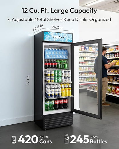 EUHOMY Commercial Refrigerator Glass Door, 12 Cu.Ft Commercial Beverage Refrigerator with Soft LED Light, Adjustable Shelves, Display Refrigerator for Restaurant Cafe Bar, ETL Listed
